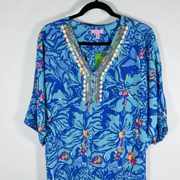 NWT Rare Lilly Pulitzer Wilda Maxi Caftan Iris Blue Mai Tai Size XS Missing Belt - Picture 5 of 11